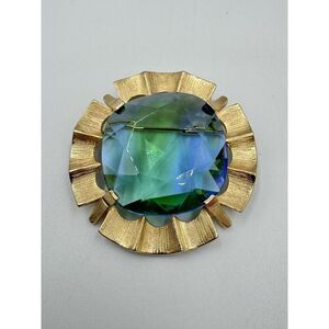 Vintage Large Gold ToBlue Green Faceted Glass Rhineston Brooch Signed STAR